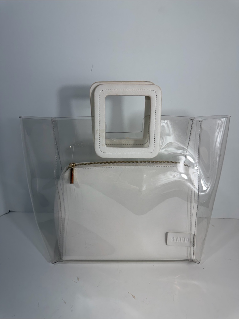 STAUD Shirley Clear PVC Tote Bag White Zip Pouch Insert Transparent Beach Bag